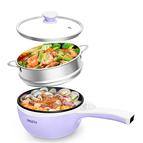 Dezin Hot Pot Electric with Steamer Upgraded, Non-Stick Sauté Pan, Rapid Noodles Electric Pot, 1.5L Mini Pot for Steak, Egg, Fried Rice, Ramen, Oatmeal, Soup with Power Adjustment (Egg Rack Included) - I(Purple/with Steamer)