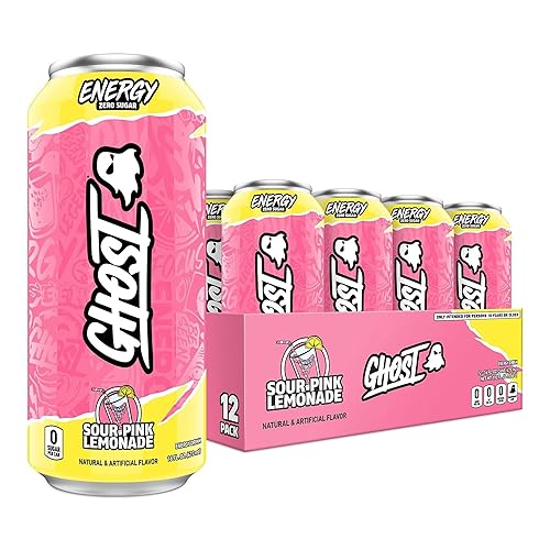 GHOST Energy Drink - 12-Pack, Sour Pink Lemonade, 16oz Cans - Energy & Focus & No Artificial Colors - 200mg of Natural Caffeine, L-Carnitine & Taurine - Gluten-Free & Vegan - Sour Pink Lemonade
