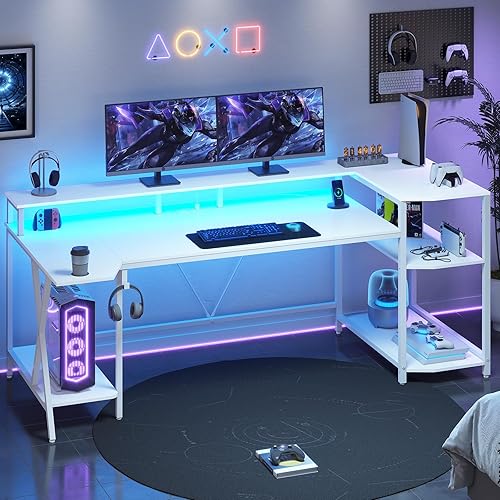 SEDETA White Gaming Desk 70.8'' with LED Lights and Storage Shelves, Computer Desk with Monitor Stand, Power Outlets and Cup Holder, Large PC Gamer Desk, Gaming Table for Bedroom, Living Room - 70.8inch - White