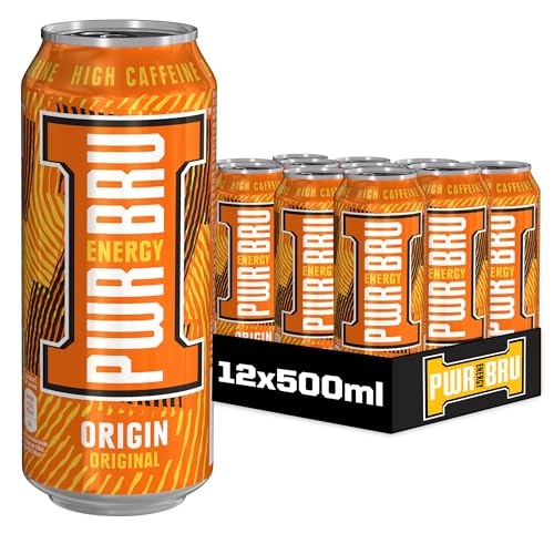 𝐏𝐖𝐑-𝐁𝐑𝐔 Origin Original 12 Pack Big Can Energy Drink with High Caffeine, Taurine and Vitamins - 12 x 500ml Cans - 500ml - 12 Cans - Original + IRN-BRU Essence