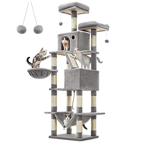 FEANDREA Cat Tree, 206 cm Large Cat Tower with 13 Scratching Posts, 1 Scratching Ramp, 2 Perches, 2 Caves, Basket, Hammock, Pompoms, Multi-Level Plush Cat Condo for Indoor Cats, Light Grey - XXL (60 x 50 x 206 cm) - Light Grey