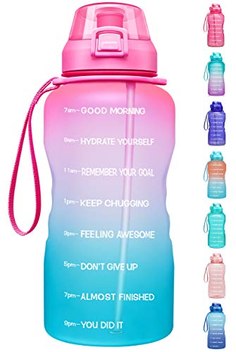 Fidus Large 64oz/128oz(Half Gallon/1 Gallon) Motivational Water Bottle with Time Marker & Straw, Leakproof Tritan BPA Free Water Jug, Drink Enough Water Daily for Fitness, Gym and Outdoor Sports - B5-Light Pink/Green Gradient - 128oz