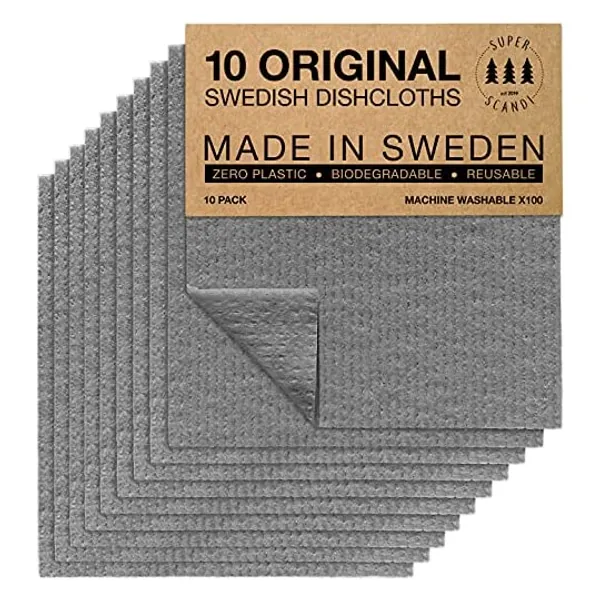 
                            SUPERSCANDI Swedish Dish Clothes Grey 10 Pack Reusable Compostable Kitchen Cloth Made in Sweden Cellulose Sponge Dish Cloths for Washing Dishes
                        