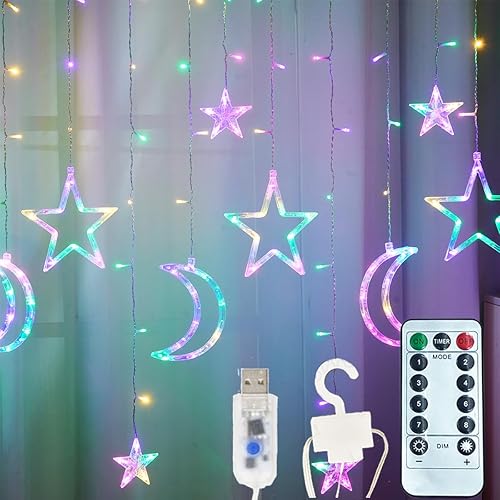 ALFEUND 7.5ft Decorative Starry String Curtain Lights Moons and Stars LED Night Light for Home Decoration Party,Remote Control USB Powered - Multicolor
