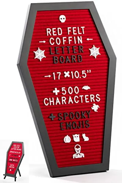 Coffin Letter Board Red With Spooky Emojis +500 Characters, and Wooden Stand - 17x10.5 Inches - Gothic Halloween Decor Spooky Gifts Decorations