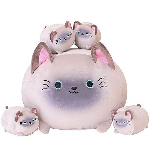 SQEQE Siamese Cat Plush, Cute Siamese Cat Stuffed Animals Mommy with 4 Squishy Kitties in her Tummy, Soft Siamese Cat Plushies Pillow Gifts for Kids - Siamese Cat