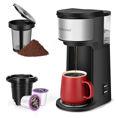 Ranbomer Single Serve Coffee Maker, K Cup and Ground Coffee Machine 2 in 1, 6 to 14 Oz Brew Sizes, Mini One Cup Coffee Maker with Self cleaning Function, Fits Travel Mug, Black - Black