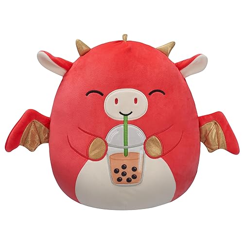 Squishmallows Original 12-Inch Baiden Red Dragon with Boba Drink - Official Jazwares Plush (Medium-Sized) - Dragon - 12 inch