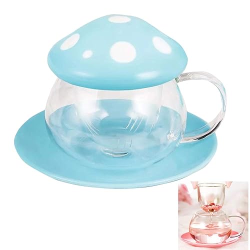 Cute Cups Mushroom Tea Cup with Infuser and Lid, Kawaii Glass Tea Cups and Saucers, 290ML Mushroom Tea Mugs with Spoon, Perfect Gifts for Girls and Women for Home and Office Use 9.8oz (Blue) - Blue