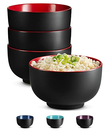 KooK Ramen Bowl, Japanese Bowls, Noodle Bowls, Large Soup Bowl, Ceramic, Large Capacity, For Ramen, Pho, Udon, Soba, Microwave and Dishwasher Safe, 34 oz, Set of 4 (Black/Red) - Black/Red