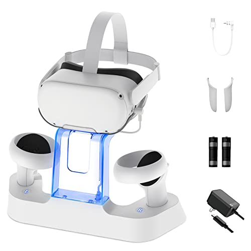 NexiGo Enhanced Charging Dock with LED Light for Oculus/Meta Quest 2, [Support Elite Strap with Battery], Headset Display Stand and Controller Mount, 2 Rechargeable Batteries, White - Quest 2
