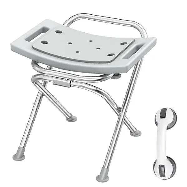 UGarden Folding Shower Chair Seat, Stainless Steel Small Shower Chair for Inside Shower with Pad/Grab Bar, 400lbs Portable Travel Shower Stool, Safety Anti-Slip Bath Chair for Seniors, Disabled, Gray