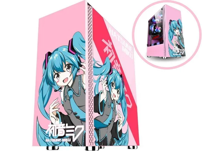  Hatsune Miku Middle Tower Gaming Computer Tempered Glass Case Support ATX/ MATX/ ITX Support 120 Liquid Cooler