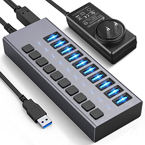 Powered USB Hub - ACASIS 10 Ports 48W USB 3.0 Data Hub - with Individual On/Off Switches and 12V/4A Power Adapter USB Hub 3.0 Splitter for Laptop, PC, Computer, Mobile HDD, Flash Drive and More - 10-ports