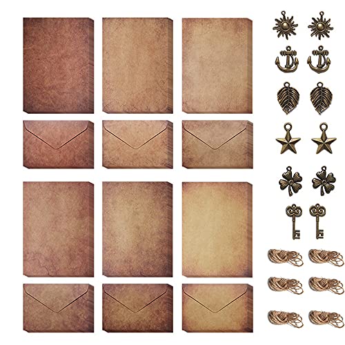 Vintage Stationary Letter Paper and Envelopes, Old Stationary Set Writing Paper Letter Kit with 24 Sheets of Retro Letter Papers, 12 Kraft Envelopes, 12 Hemp Ropes, 12 Retro Metal Accessories - Vintage
