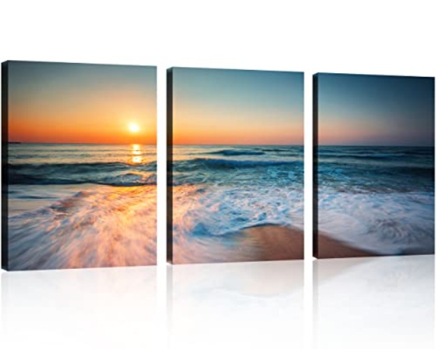 TutuBeer 3 Panels Beach Pictures Wall Art Blue Sea White Beach at Sunrise Pictures Print on Canvas Beach Wall Decor Beach Paintings for Home Decor Stretched and Framed Easy to Hang 16" x 24" x 3 Pcs - 3 PCS/SET 16x24inchx3 Framed - BEACH B
