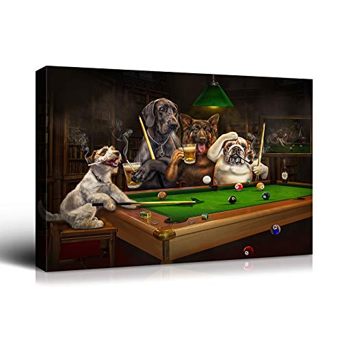 Denozer - Dogs Playing Pool - Cassius Marcellus Coolidge Oil Painting Reproduction,Entertainment Room Wall Decor,Billiards Games Artwork Giclee Canvas Print Gallery Wrap Ready to Hang - 24x16 Inch - 24"Wx16"H - Artwork-18