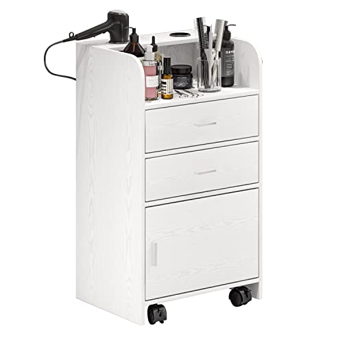 Salon Station on Wheels, Beauty Salon Station for Hair Stylist, Barber Stations Storage Cabinet with 2 Drawers & Large Cabinet, Rolling Hair Stylist Station with 2 Hair Dryer Holders, White - White