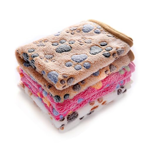 1 Pack 3 Blankets Super Soft Fluffy Premium Fleece Pet Blanket Flannel Throw for Dog Puppy Cat Paw Brown/Pink/White Medium(30x20 inch) - 30x20 inch (Pack of 3) - Paw
