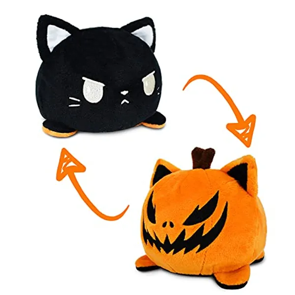 TeeTurtle | The Original Reversible Pumpkin Cat Plushie | Patented Design | Sensory Fidget Toy for Stress Relief | Black and Orange | Show your mood without saying a word! - Pumpkin Cat Plushie