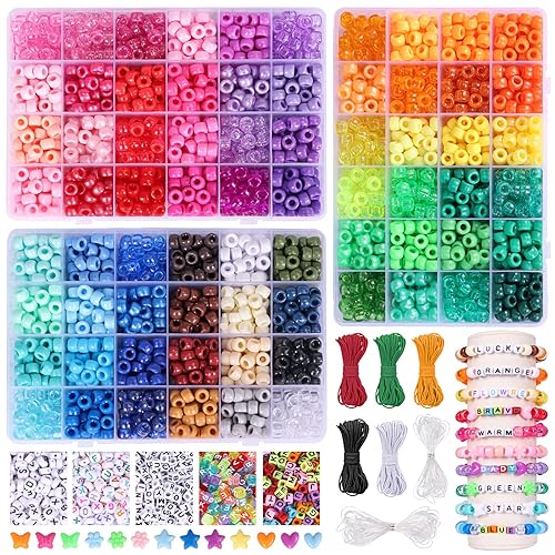QUEFE 4700pcs, 72 Colors Pony Beads Rainbow Kandi Bead for Bracelets Making Kit, 3600pcs 9mm Plastic Beads and 1000pcs Letter Beads, Alphabet Beads for Bracelets Jewelry Making with Elastic Threads - 72 colors