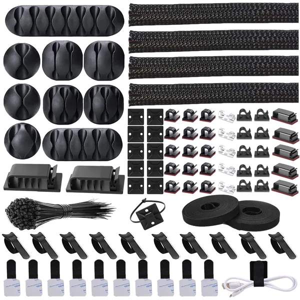 Cord Management Organizer Kit 4 Cable Sleeve Split with 41Self Adhesive Cable Clips Holder, 10pcs and 2 Roll Self Adhesive tie and 100 Fastening Cable Ties for TV Office Car Desk Home