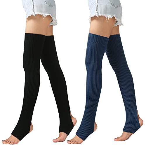 2 Pairs Long Stretch Knitted Stirrup Dance Ballet Leg Warmers Over Knee Footless Boot Topper Socks Thigh High Socks for Women - Black+Demin Blue