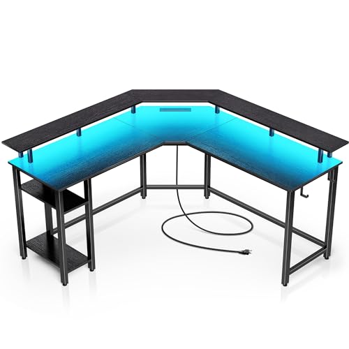 Rolanstar Computer Desk 56" with Power Outlets USB Ports & LED Strip, Reversible L Shaped Desk with Monitor Stand & Storage Shelf,L Shaped Gaming Computer Desk with Hooks,Black - Black - 56*56*34.4 inch