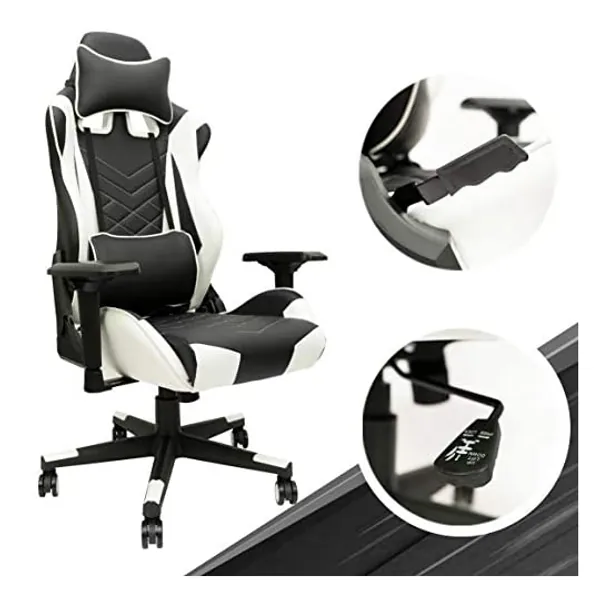 
                            White Gaming Chair - Adjustable Ergonomic Office Chair with PU Leather, Computer Chair with Lumbar Support & 180° Recline, Easy to Assemble & Comfortable
                        