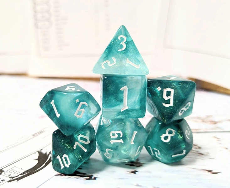 Teal Glitter Dice Set, Dungeons and Dragons Dice (7), DND, TTRPG, Polyhedral Dice