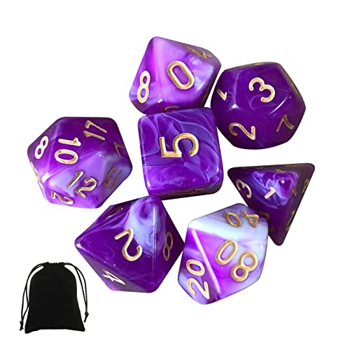 Polyhedral RPG Dice Set, 7Pcs DND Dice Game Dice for Dungeons and Dragons D&D RPG MTG Pathfinder Table Games (Purple and White Mixed Color)