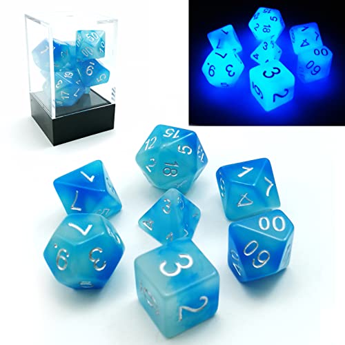 Bescon Gemini Glowing Polyhedral Dice 7pcs Set ICY ROCKS,Luminous RPG Dice Set d4 d6 d8 d10 d12 d20 d%, Brick Box Packaging - Icy Rocks