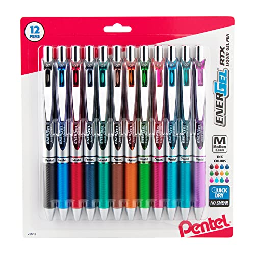 Pentel® EnerGel™ RTX Retractable Liquid Gel Pens, Medium Point, 0.7 mm, Assorted Colors, Pack Of 12 Pens - 0.7mm - Black, Blue, Brown, Green, Lime Green, Navy Blue, Orange, Pink Red, Sky Blue, Turquoise, Violet - 12 Count (Pack of 1)