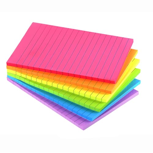 Lined Sticky Notes 4X6 in Bright Ruled Post Stickies Colorful Super Sticking Power Memo Pads Its, 45 Sheets/pad, 6 Pads/Pack - 4x6 in