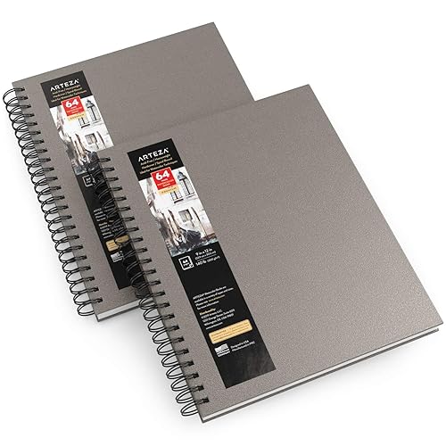 ARTEZA Watercolor Sketchbook, 2-Pack, 64 Pages Each, 9 x 12 Inches, Gray Hardcover, 140-Pound Spiral-Bound Paper - Gray - 2 Pack 9"x12"