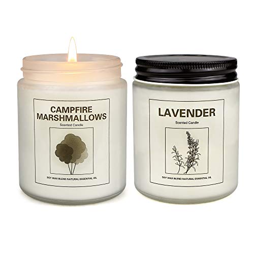 Marshmallow and Lavender Candles for Home Scented, Aromatherapy Candle 2 pcs, Soy Wax Candle Set, Gift with Strongly Fragrance Jar Candles - Marshmallow & Lavender