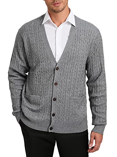 Kallspin Men’s Cardigan Sweater Wool Blend V Neck Buttons Cardigan with Pockets - Cableknit-light Grey - 3X-Large Tall
