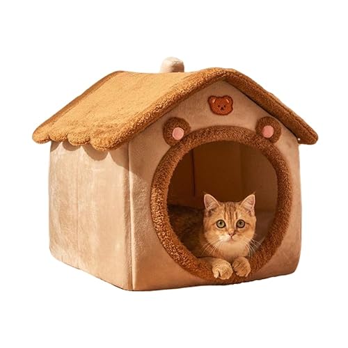 Cat Bed for Indoor Cats,Cozy Cat Cave Bed Cat House Cat Tent with Removable Cushion Pillow,Soft Warm Pet House Puppy Bed,Cute Bear Pet Nest for Cat Kitten Small Dogs (Brown, L-20.5x16.9x19.7 Inches) - Brown - L-20.5x16.9x19.7 Inches