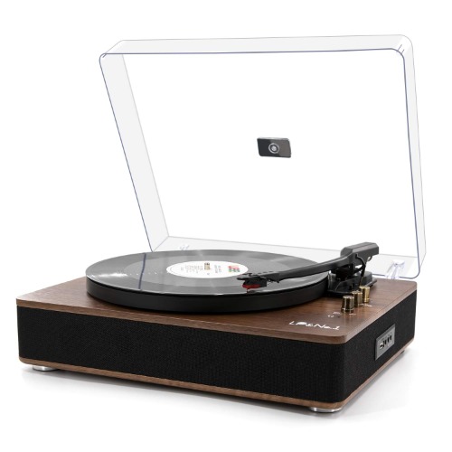 LP&No.1 Bluetooth Record Player with Stereo Speakers, 3-Speed Belt-Drive Turntable for Vinyl Records with Wireless Playback and Auto-Stop - Walnut Wood