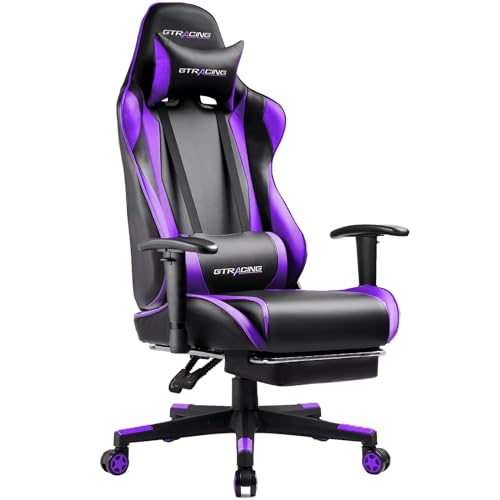 GTRACING Footrest, Ergonomic Computer Game Desk, Reclining Gamer Chair Seat Height Adjustment Swivel Rocker with Headrest and Lumbar, Purple - Purple