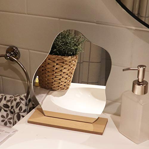 DaizySight Irregular Aesthetic Vanity Mirror Frameless, Decorative Desk Tabletop Acrylic Mirrors with Wooden Stand for Living Room, Bedroom, and Minimal Spaces Home Decor - Cloud Shape - Cloud