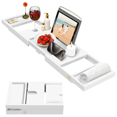 Foldable Bathtub Tray - Expandable Bamboo Bath Caddy with Wine, Book & Tablet Holder - Luxurious Bath Accessories, Perfect Spa Experience, Unique Gifts for Mom, Women, Couples, Housewarming (White) - White