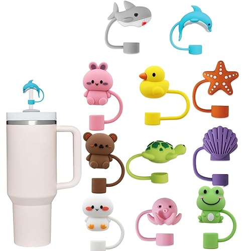 11Pcs Straw Cap for Stanley Cup, 10mm Cute Straw Toppers for Tumblers, Animal Silicone Straw cover for 30&40oz -23 - E-11Pcs Straw Cover