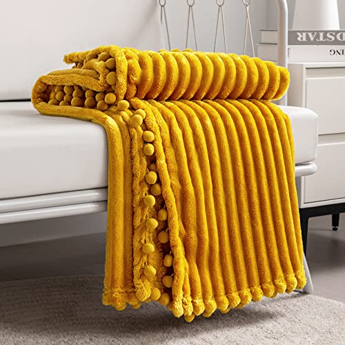 DISSA Fleece Blanket Throw Size – 51x63, Yellow Soft, Plush, Fluffy, Fuzzy, Warm, Cozy Perfect for Couch, Bed, Sofa - with Pompom Fringe Flannel - Yellow - 51x63"