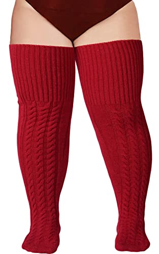Wool Plus Size Thigh High Socks For Thick Thighs- Extra Long Womens Warm Cable Knit Over Knee Stockings Leg Warmers - One Size Plus - Burgundy