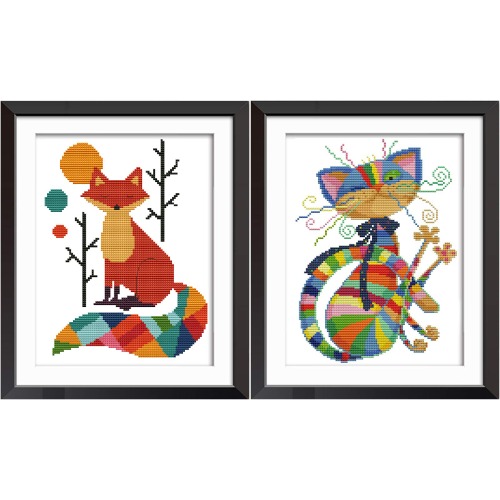 VEGCOO 2 Pack Cross Stitch Kits for Stamped DIY Cross Stitch Kits Easy Patterns Embroidery Seven Colour Fox and Cat for for Adults Girls Kids Home Decoration