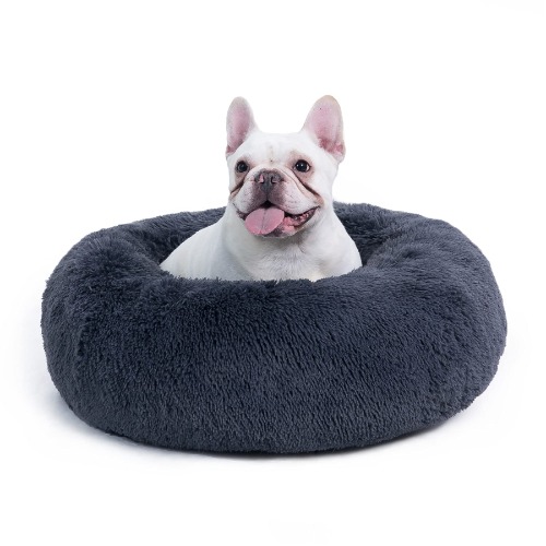 Bedsure Donut Dog Bed Medium - Fluffy Calming Puppy Beds, Round Washable Doughnut Kitten Cat Large Sofa Bed, Grey, 60×60×20cm