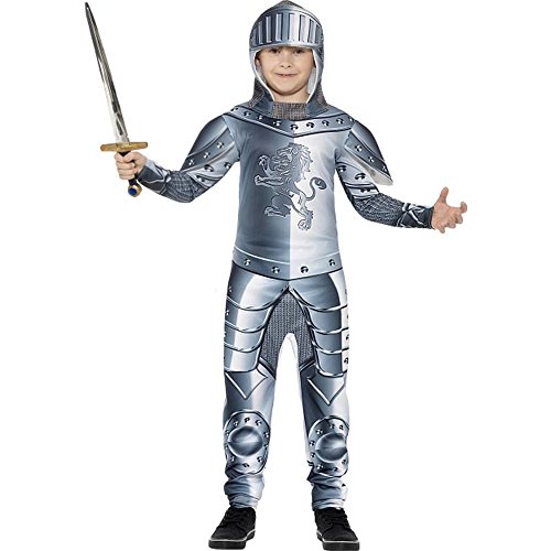 Smiffys Deluxe Armoured Knight Costume, Grey with Jumpsuit & Headpiece, Digital Print, Boys Fancy Dress, Child Dress Up Costumes - L - 10-12 years