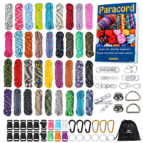 MONOBIN Paracord, 550 Paracord Combo Kit with Instruction Book - 36 Colors Multifunction Paracord Ropes and Complete Accessories for Making Paracord Bracelets, Lanyards, Dog Collars (36 Colors-A, L) - 36 Colors-a - Large