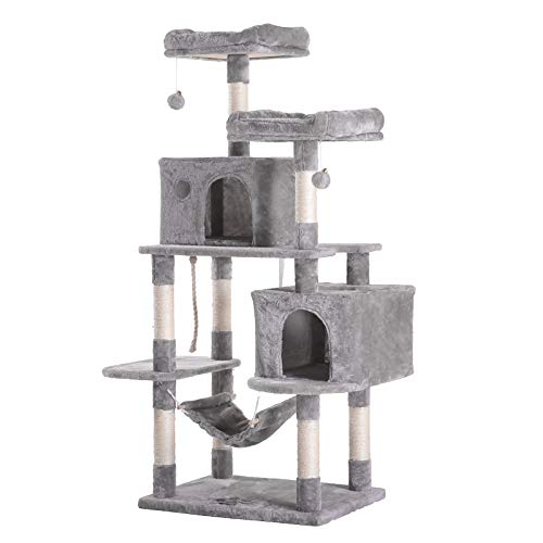 Hey-brother 61.5 inches Extra Large Multi-Level Cat Tree Condo Furniture with Sisal-Covered Scratching Posts 2 Bigger Plush Condos Perch Hammock for Kittens Cats and Pets (Light Gray) - Light Gray